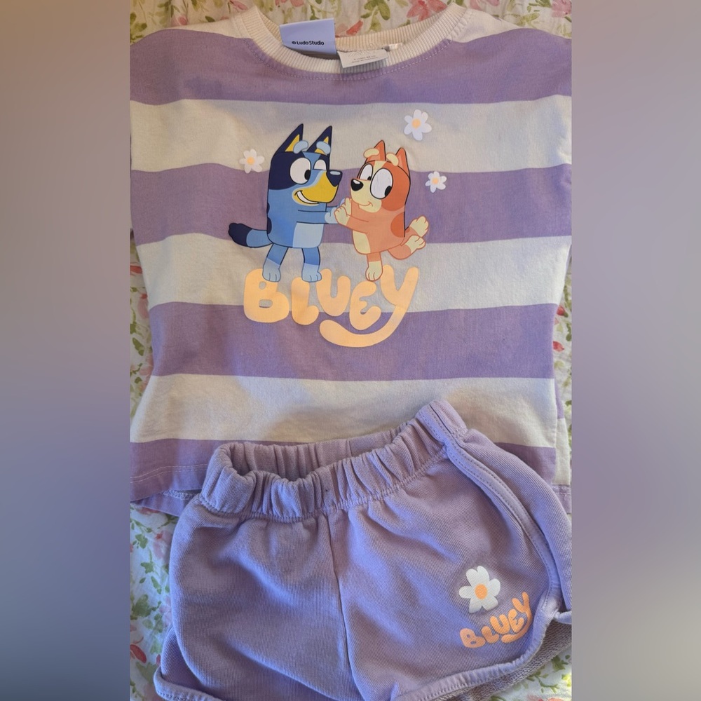 Zara Kids Purple and White Striped Bluey Shirt & Shorts Set